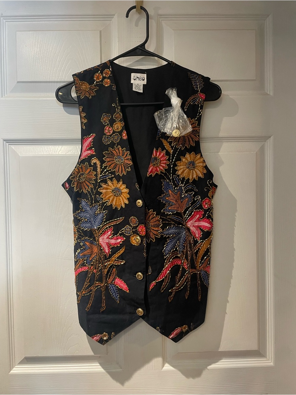 Theo Vibrant Floral Embroidered Black Vest Small